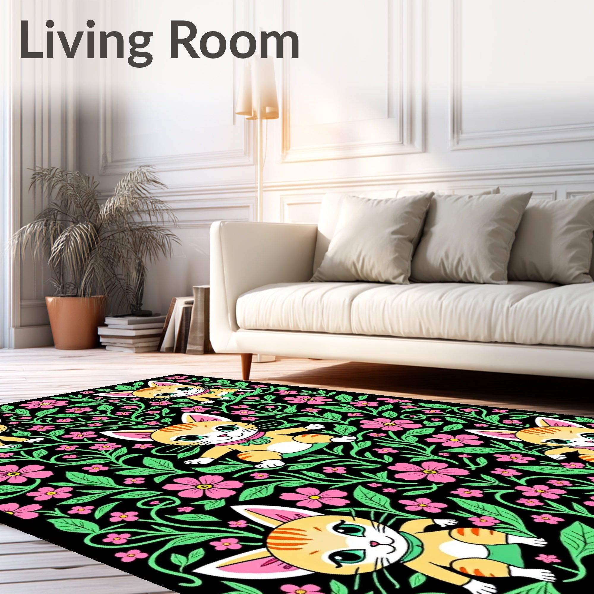 Whimsical Kitty Floral Garden Rug