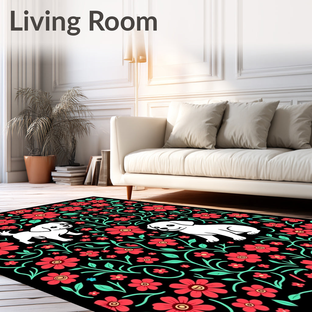 Whimsical White Puppies Red Floral Garden Rug