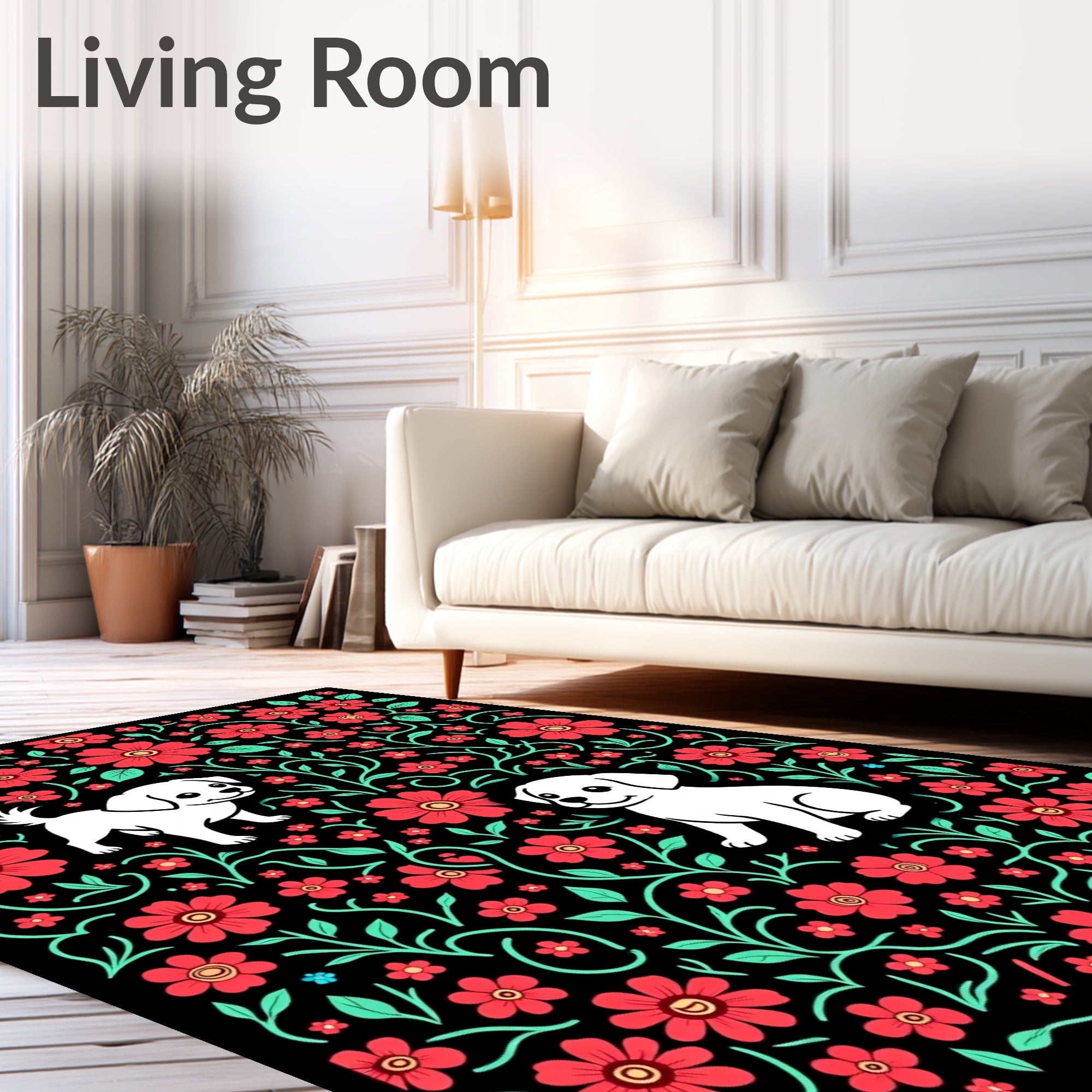 Whimsical White Puppies Red Floral Garden Rug