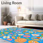 Retro Orange Floral Hearts Rabbits Rug