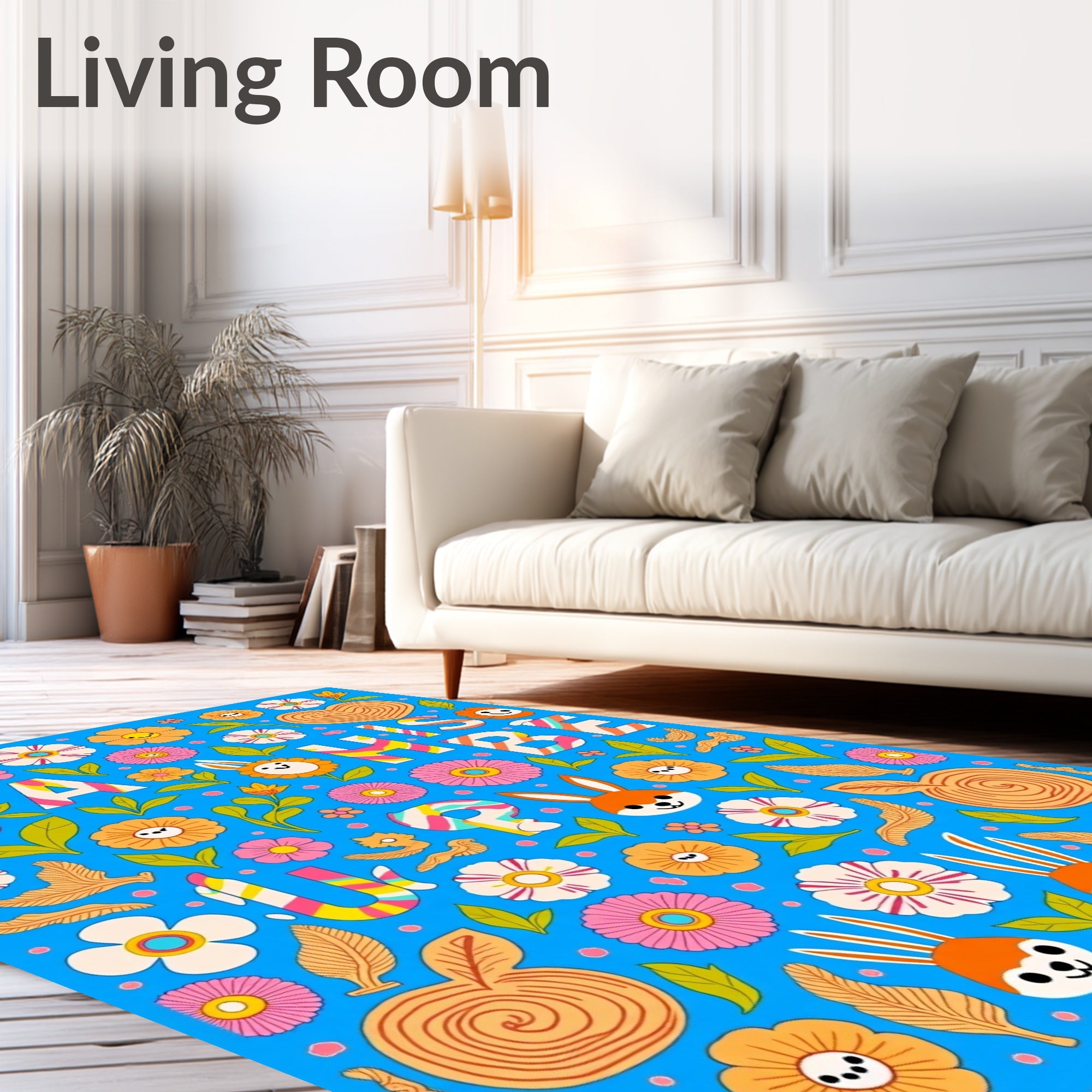 Retro Orange Floral Hearts Rabbits Rug