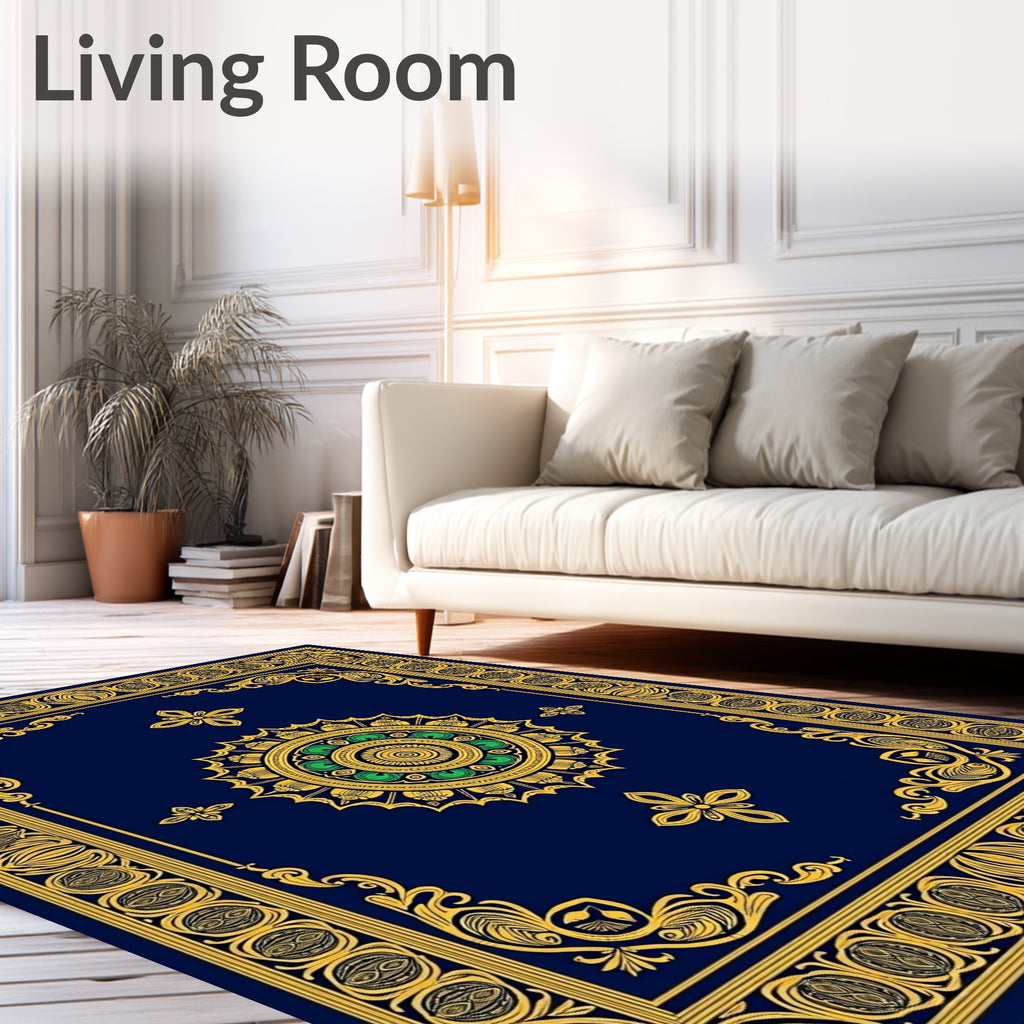 Navy Gold Ornate Floral Medallion Rug