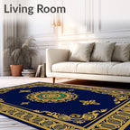 Navy Gold Ornate Floral Medallion Rug