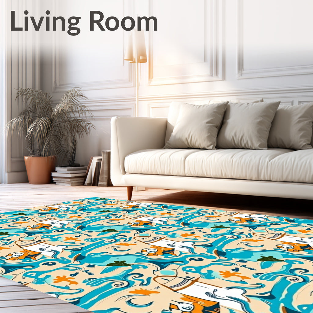Playful Coastal Surfer Cartoon Scene Rug