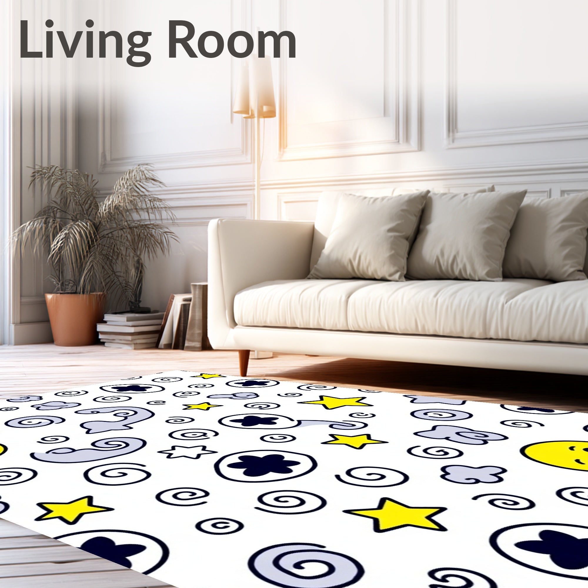 Yellow Smile Stars Clouds Swirls Rug