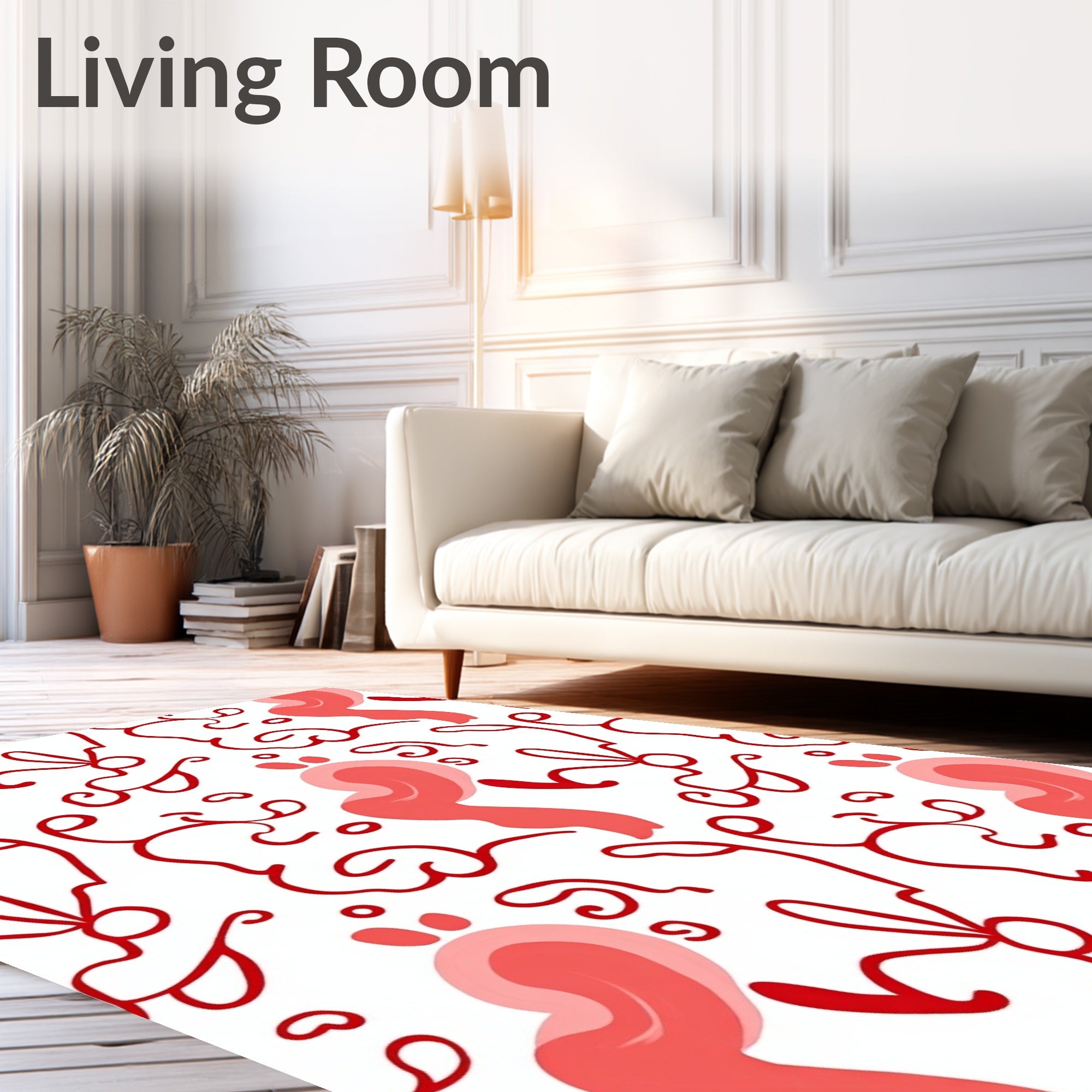 Crimson Calligraphy Swirls and Dots Rug