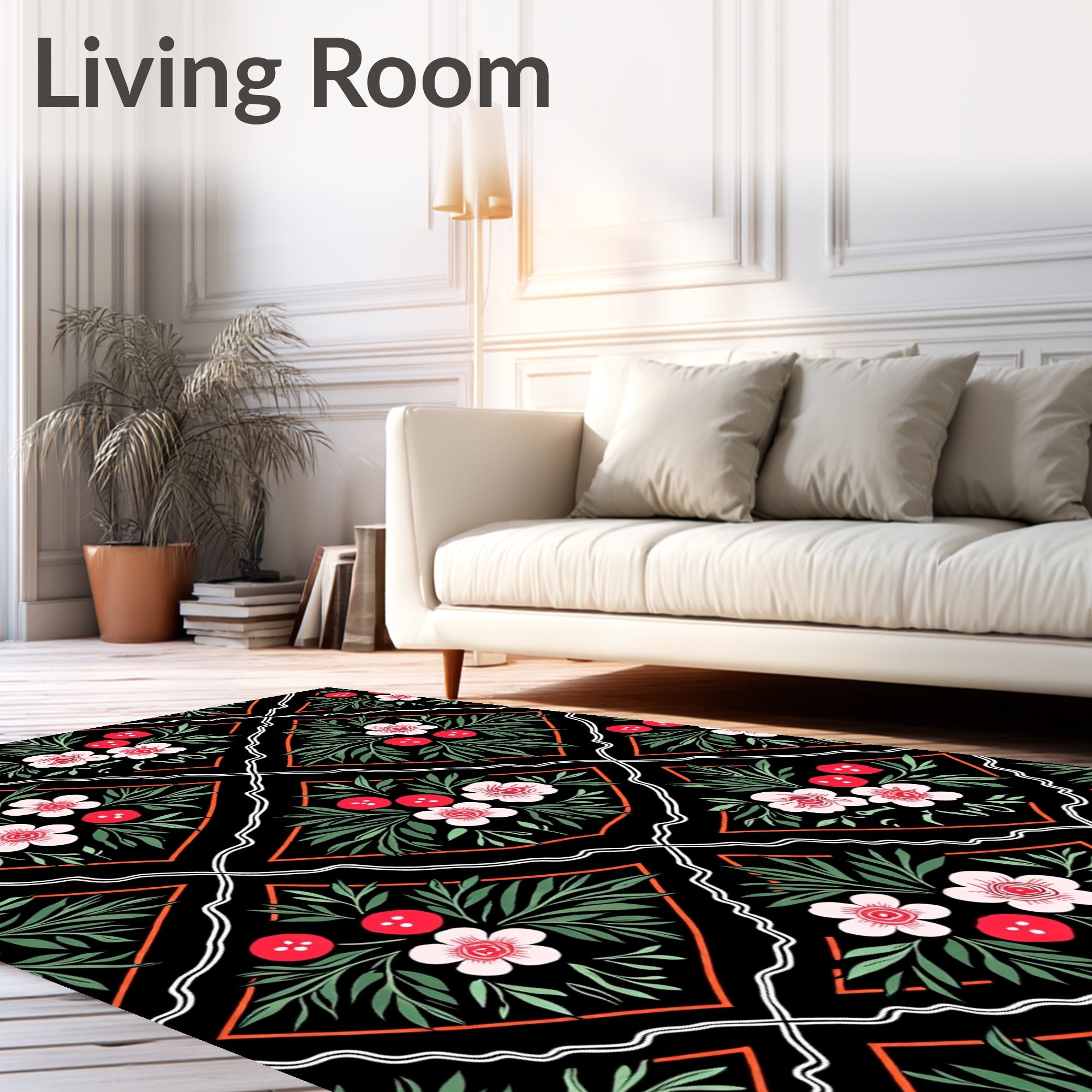 Black Floral Vine Diamond Rug