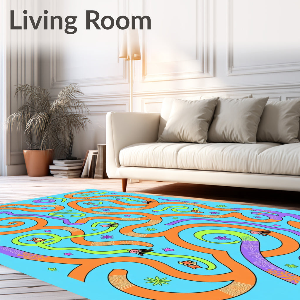 Playful Orange Blue Abstract Creatures Rug