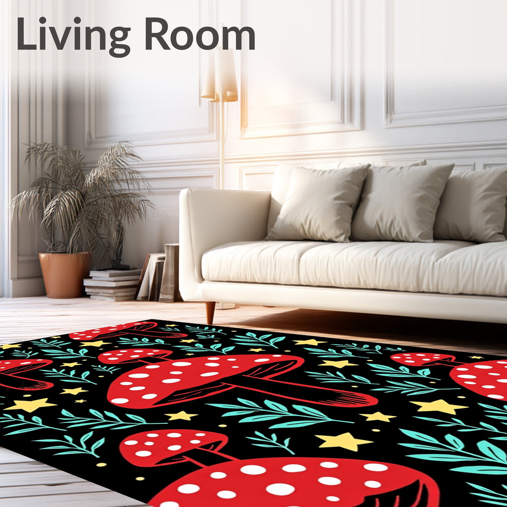 Whimsical Red Mushroom Starry Night Rug