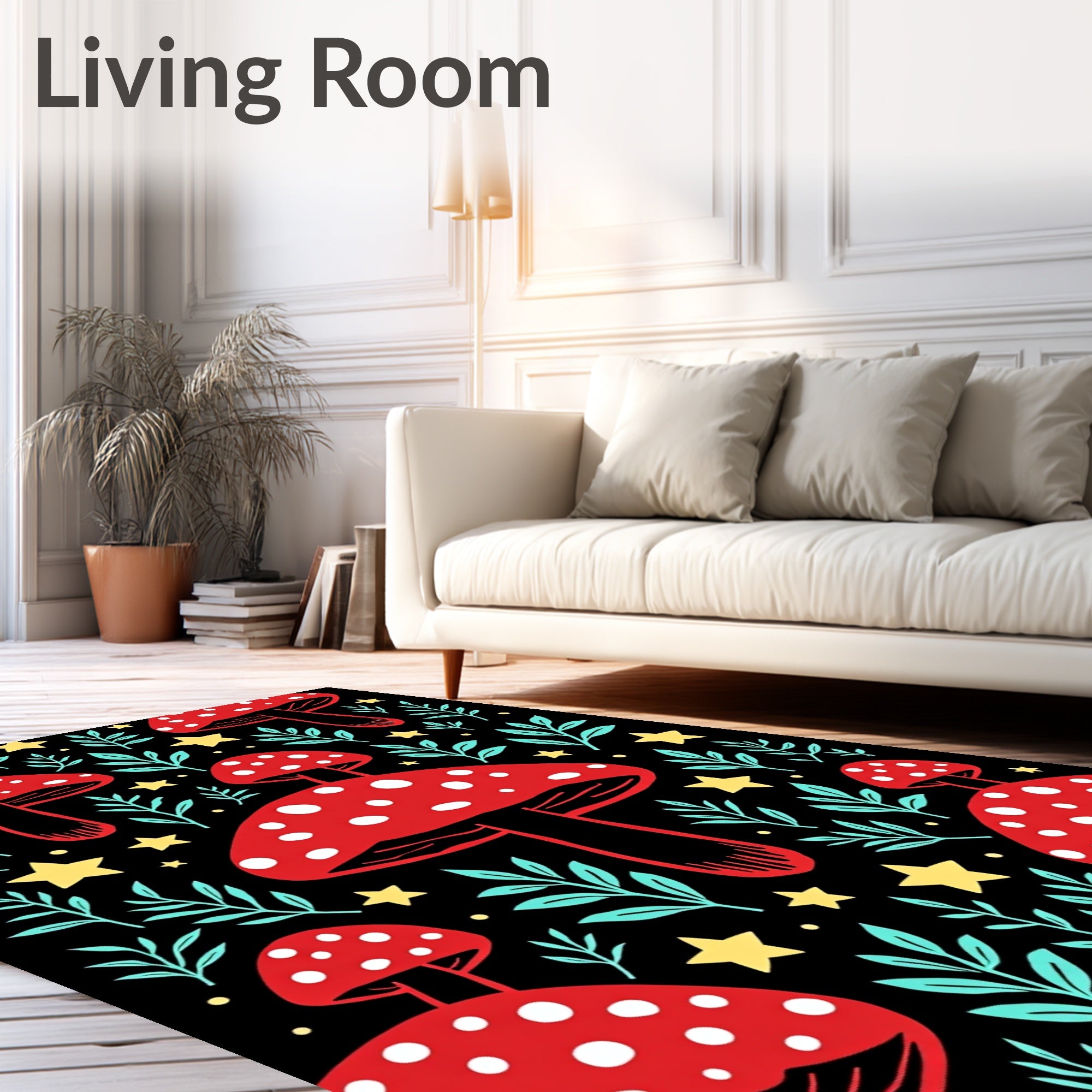 Whimsical Red Mushroom Starry Night Rug