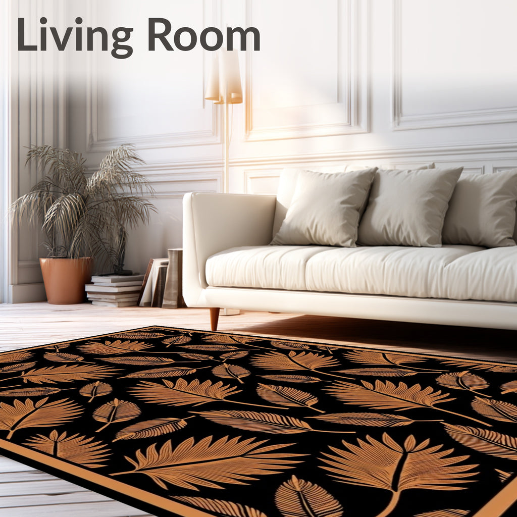 Golden Fern Frond Black Background Rug