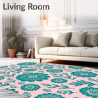 Teal Floral Garden on Pink Background Rug