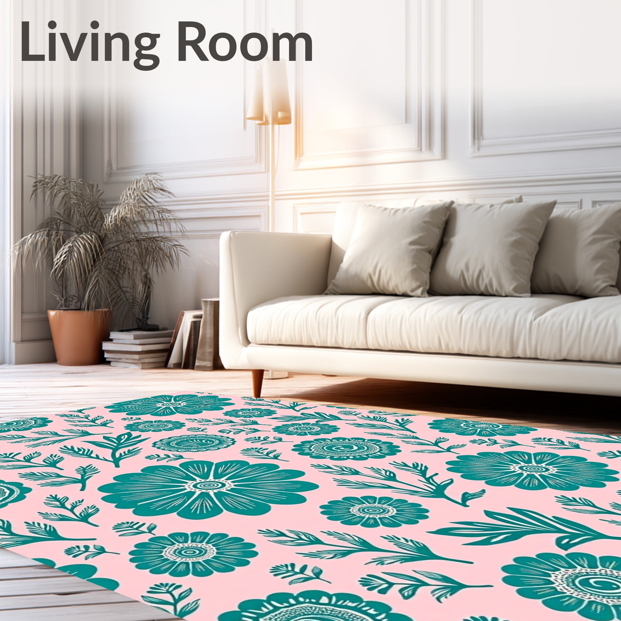 Teal Floral Garden on Pink Background Rug