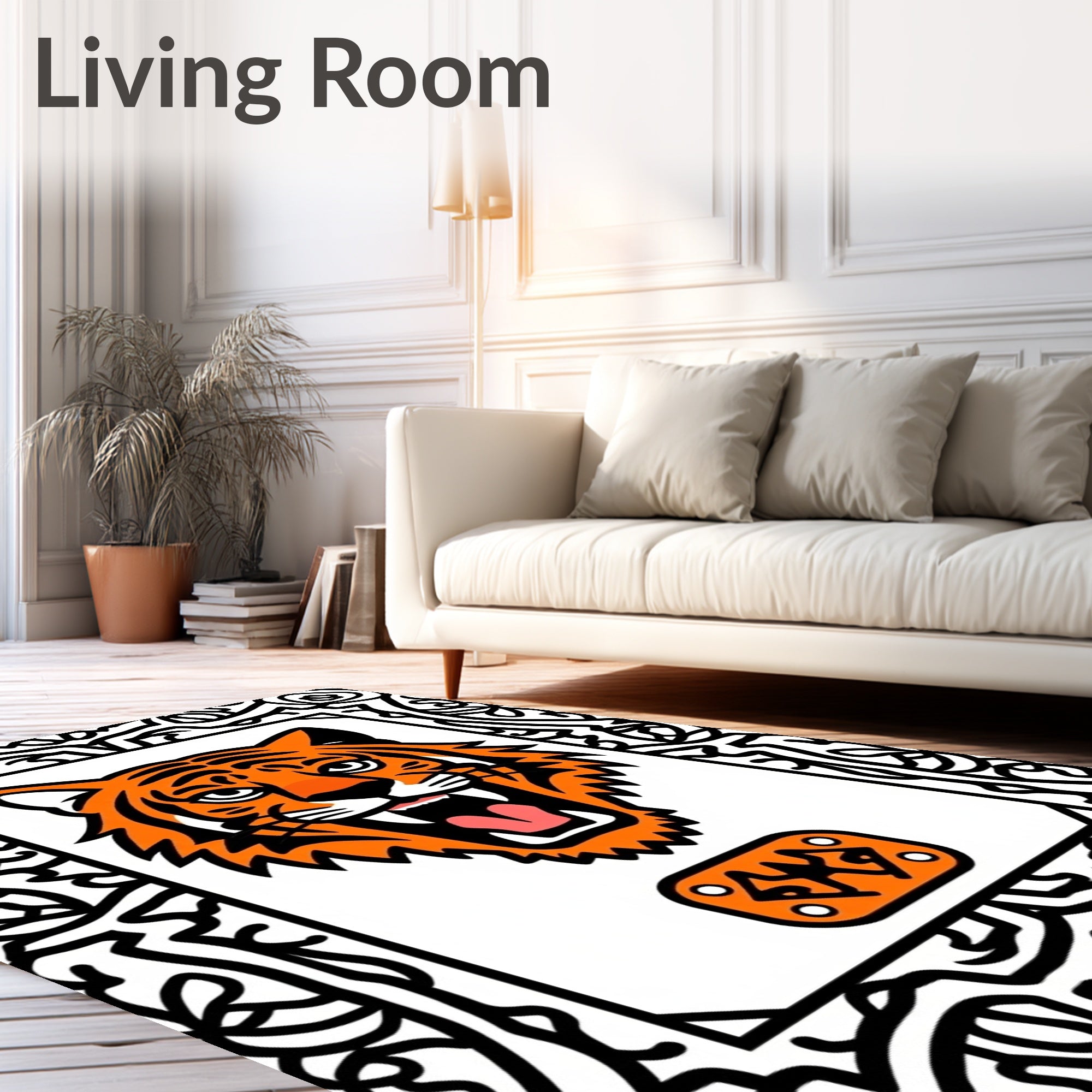 Bold Orange Tiger Face Border Rug