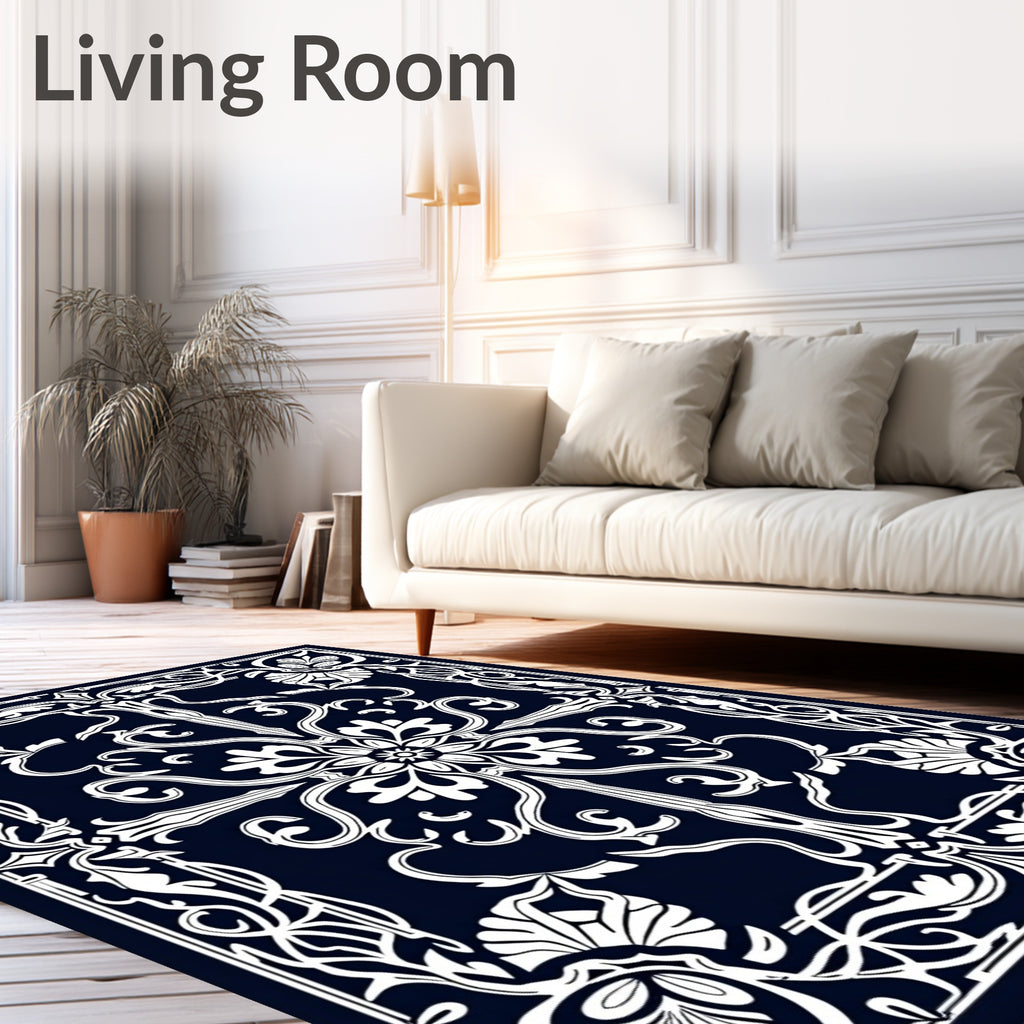 Dark Blue Ornate Floral Garland Rug