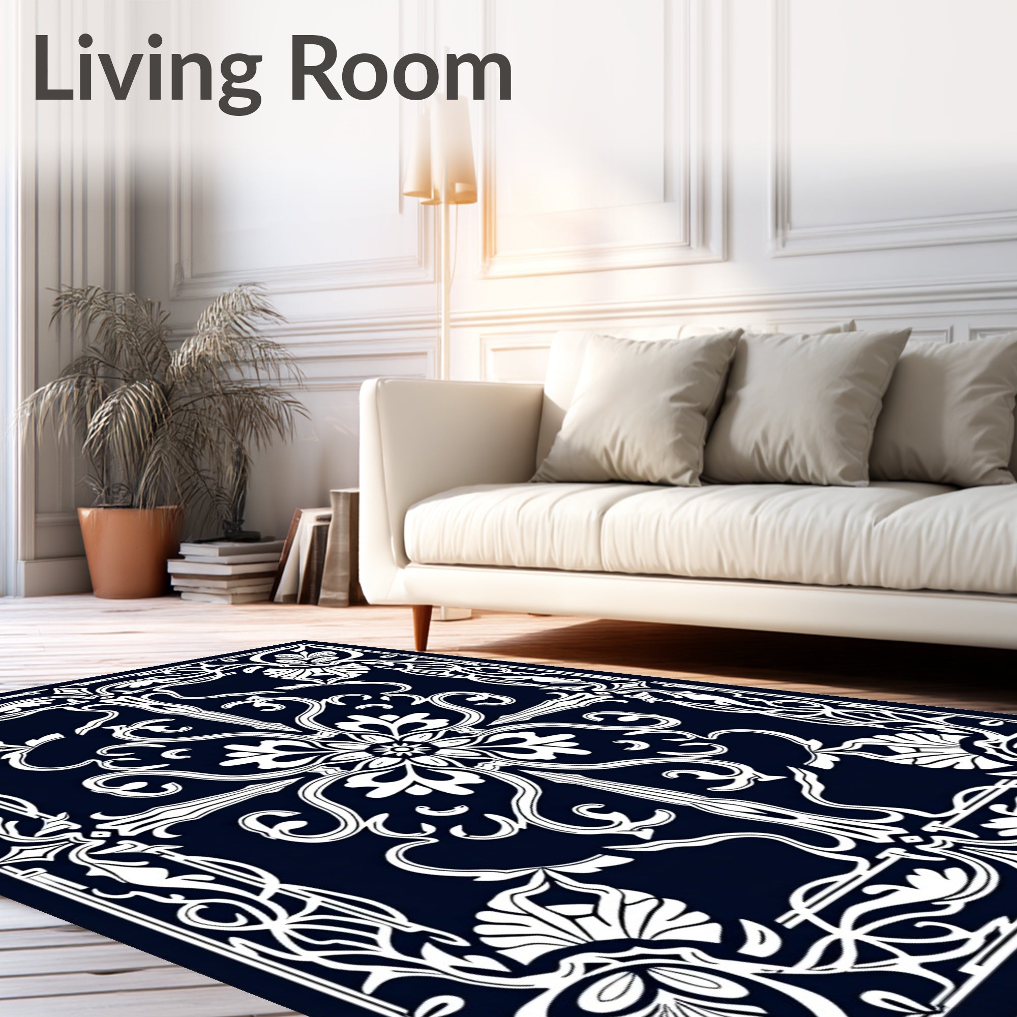Dark Blue Ornate Floral Garland Rug