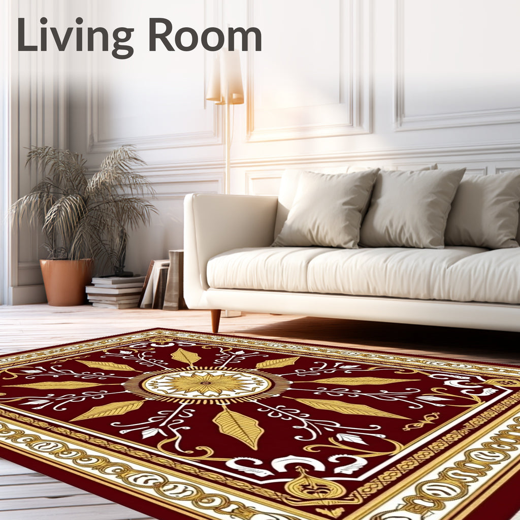 Deep Red Golden Floral Medallion Rug