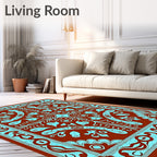 Crimson Cyan Ornate Scrollwork Rug