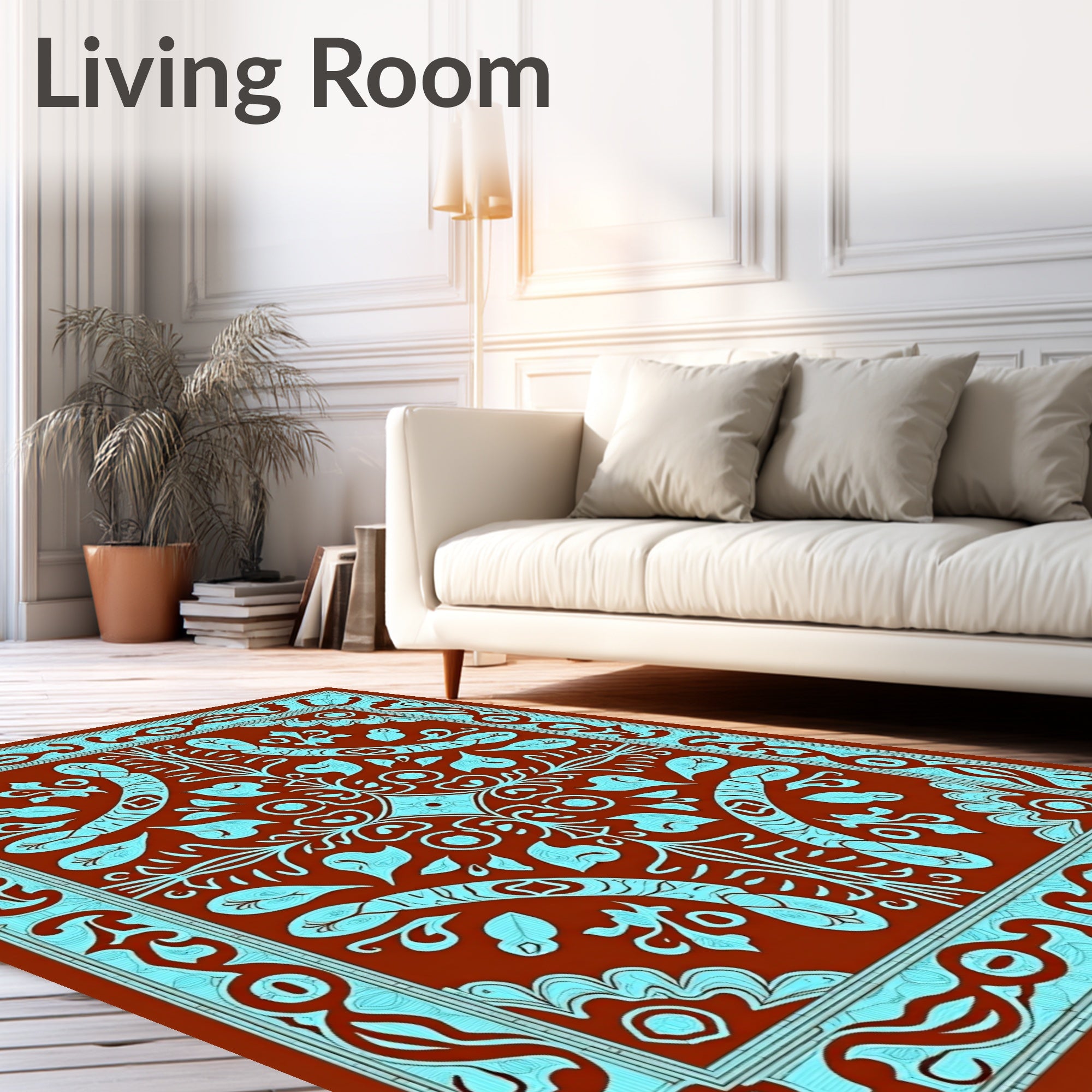 Crimson Cyan Ornate Scrollwork Rug