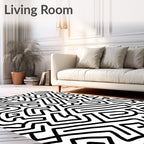 Bold Black White Labyrinth Lines Rug