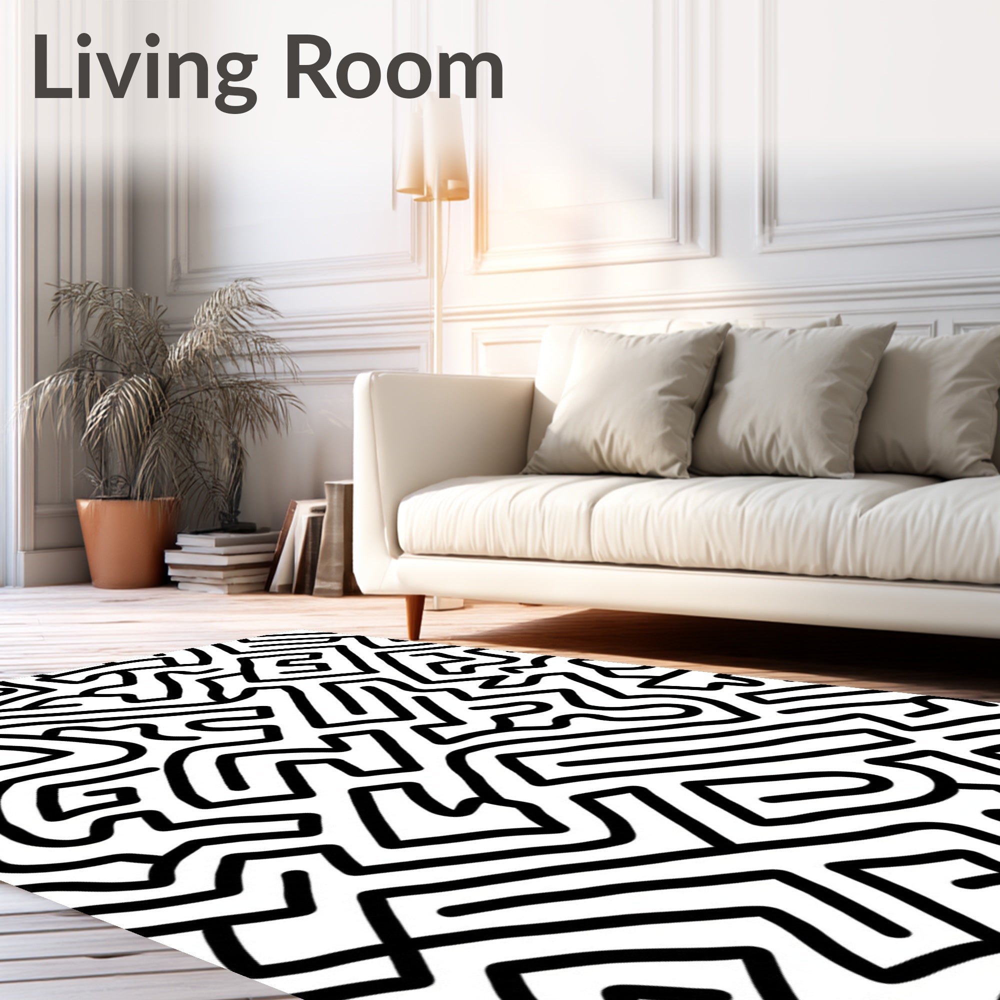 Bold Black White Labyrinth Lines Rug