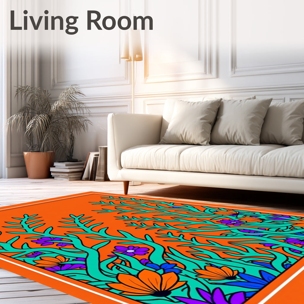Vibrant Teal Orange Floral Jungle Rug