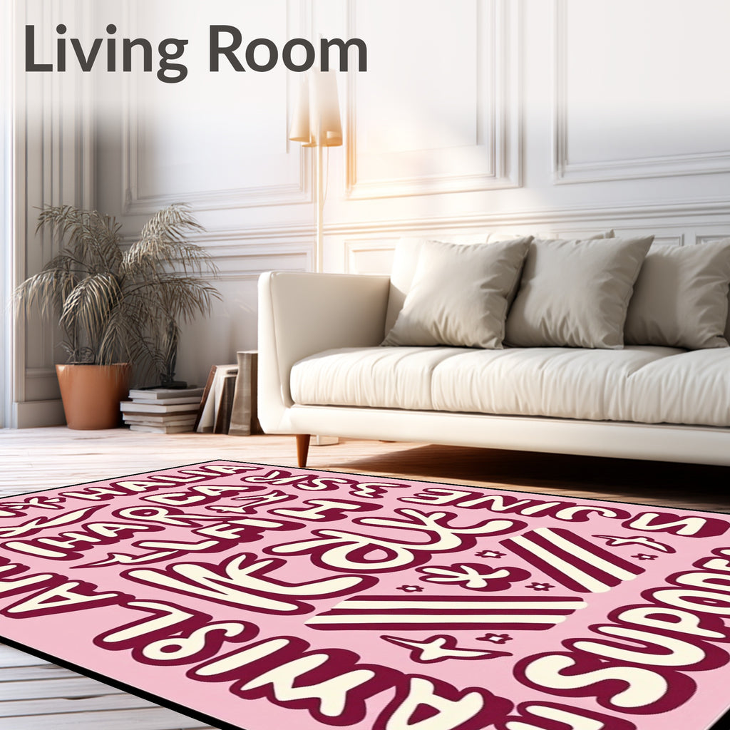 Pink Cream Retro Typographic Collage Rug