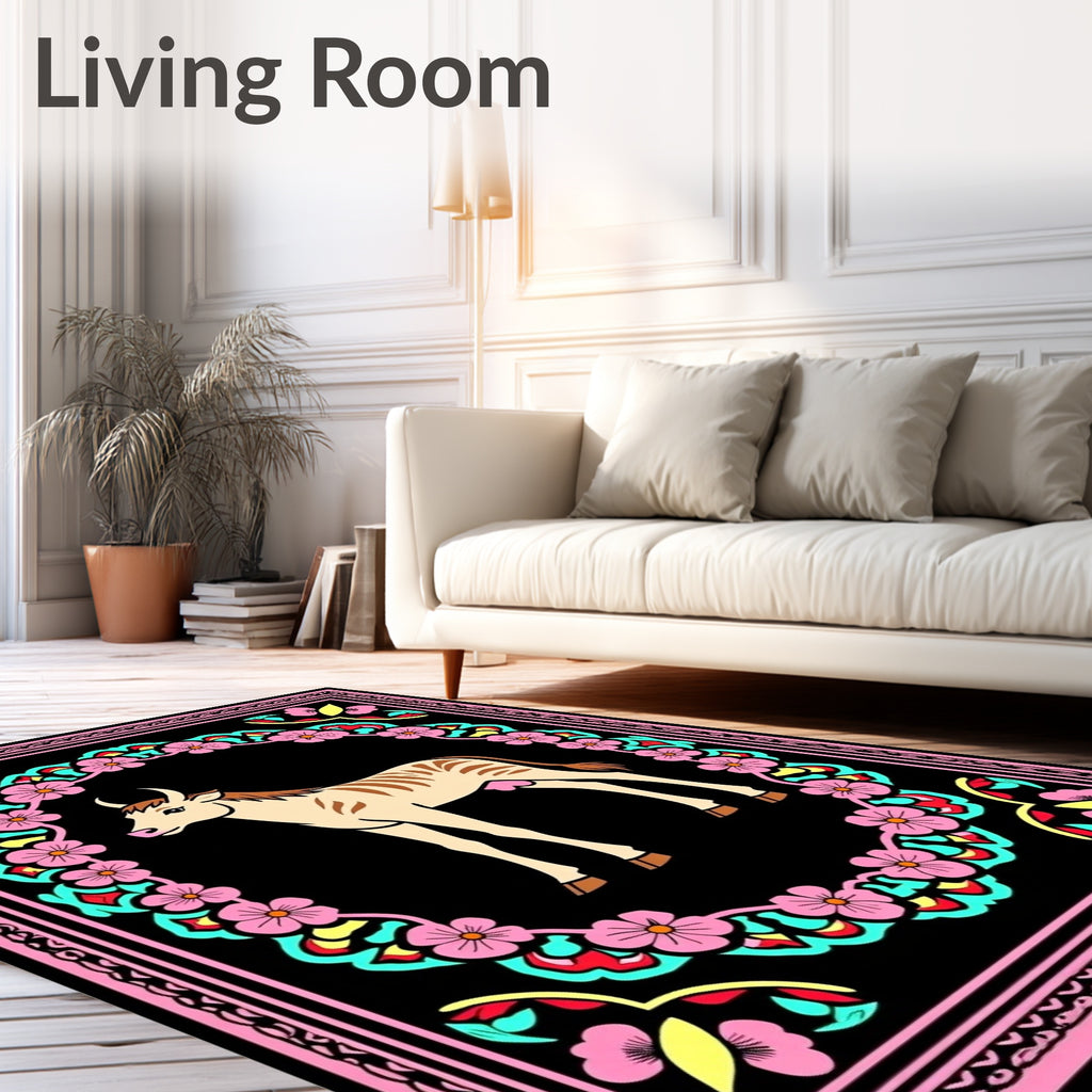 Pink Floral Frame Cream Striped Cow Rug