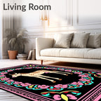 Pink Floral Frame Cream Striped Cow Rug