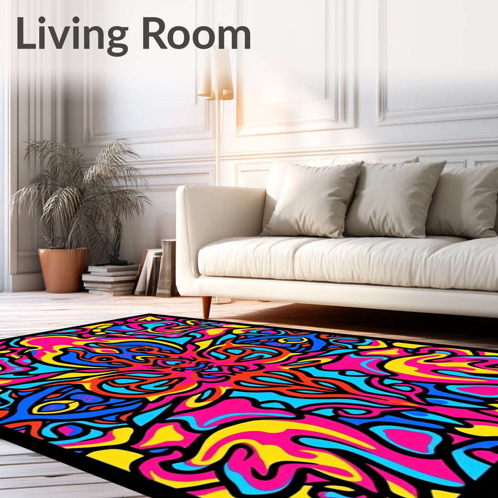 Vibrant Pink Blue Yellow Psychedelic Swirl Rug