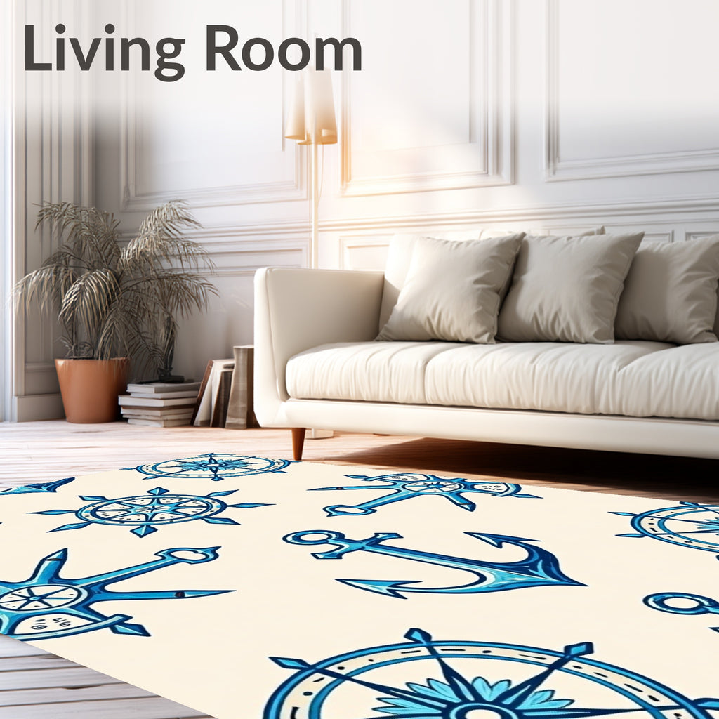 Oceanic Blue Anchor Ship Wheel Rug