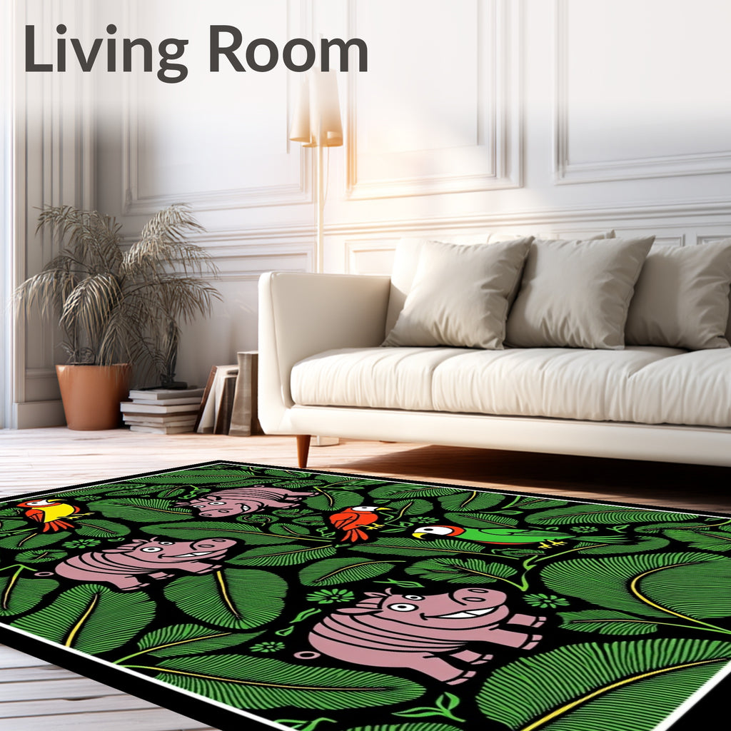 Whimsical Pink Hippos Green Jungle Birds Rug