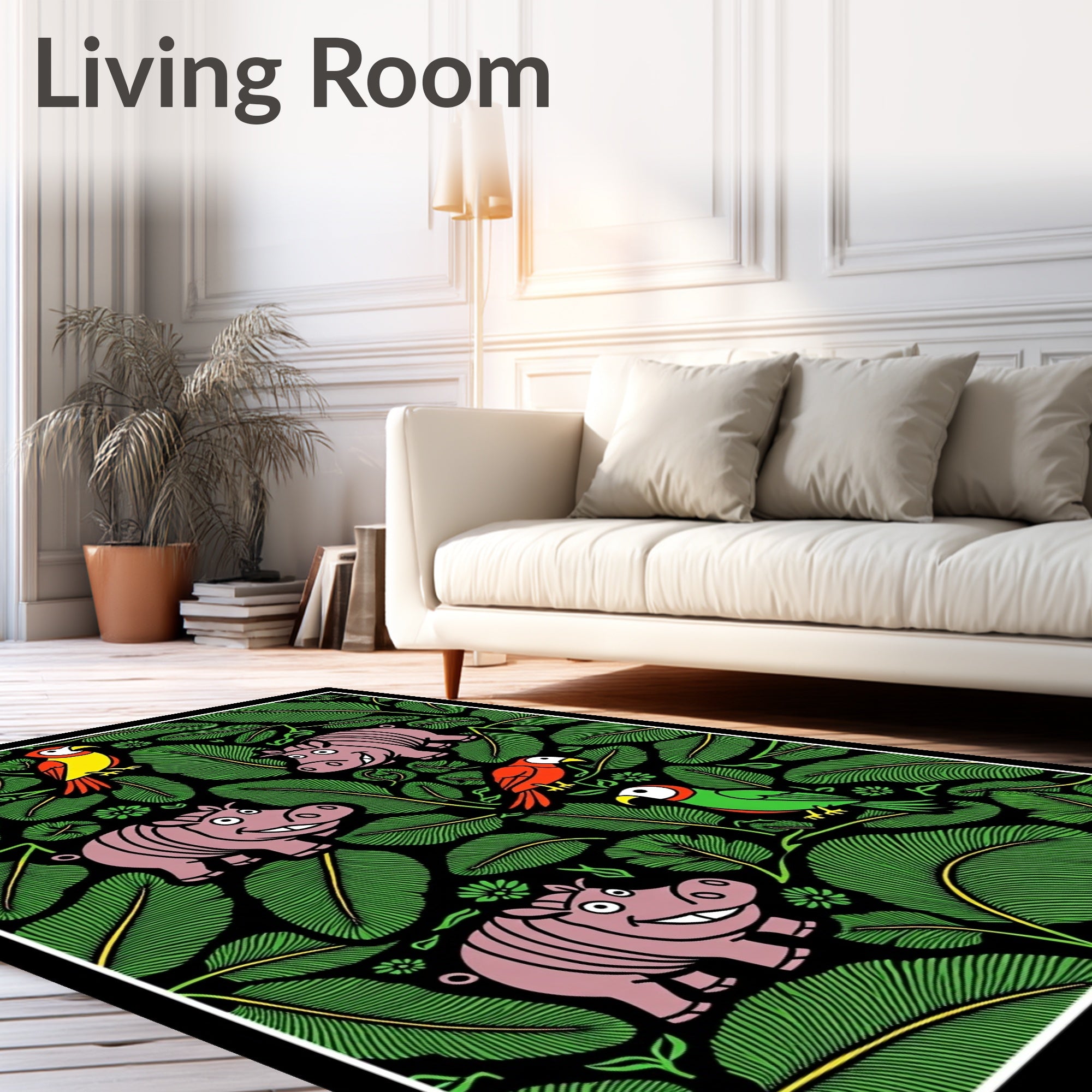 Whimsical Pink Hippos Green Jungle Birds Rug