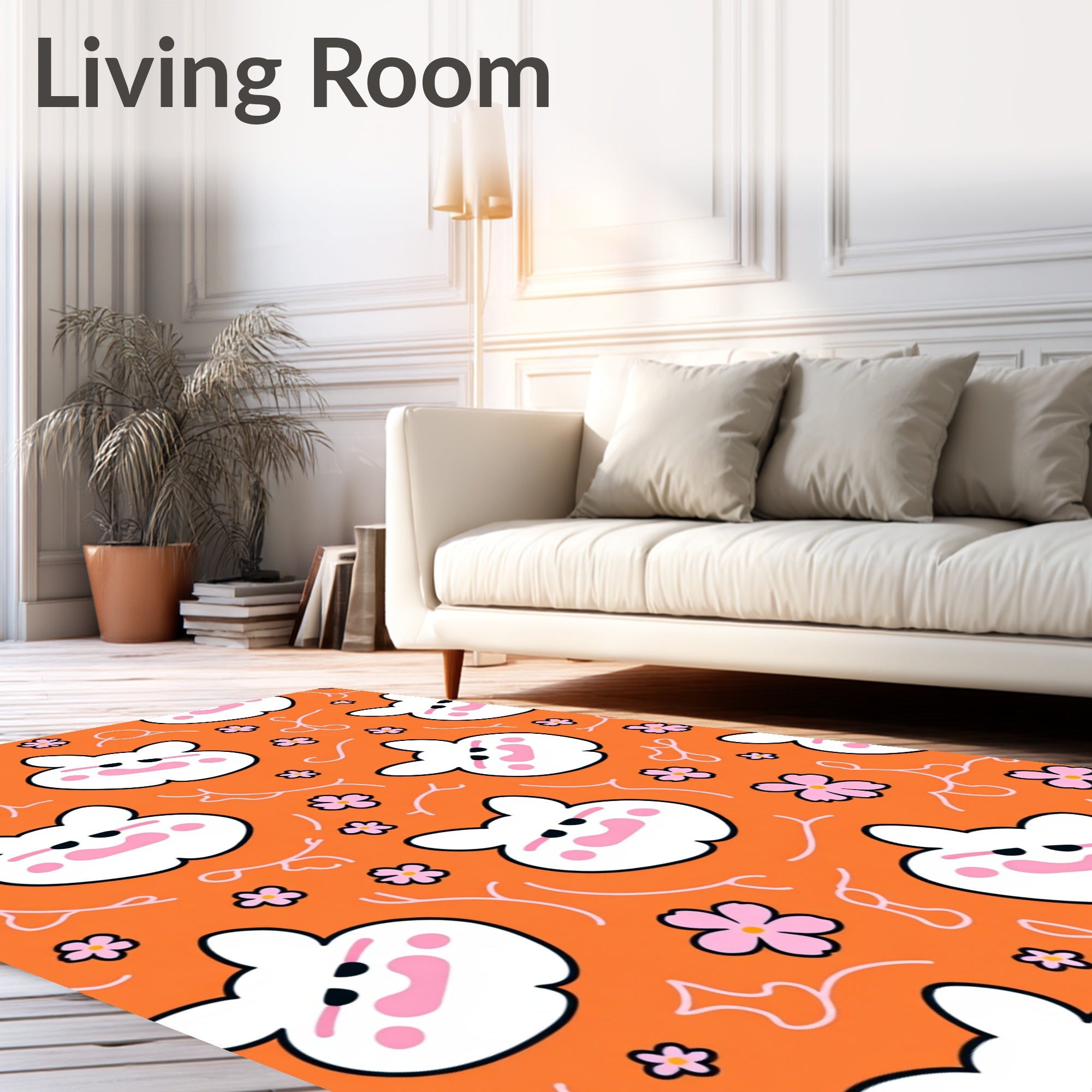 Cute White Rabbit Orange Floral Rug