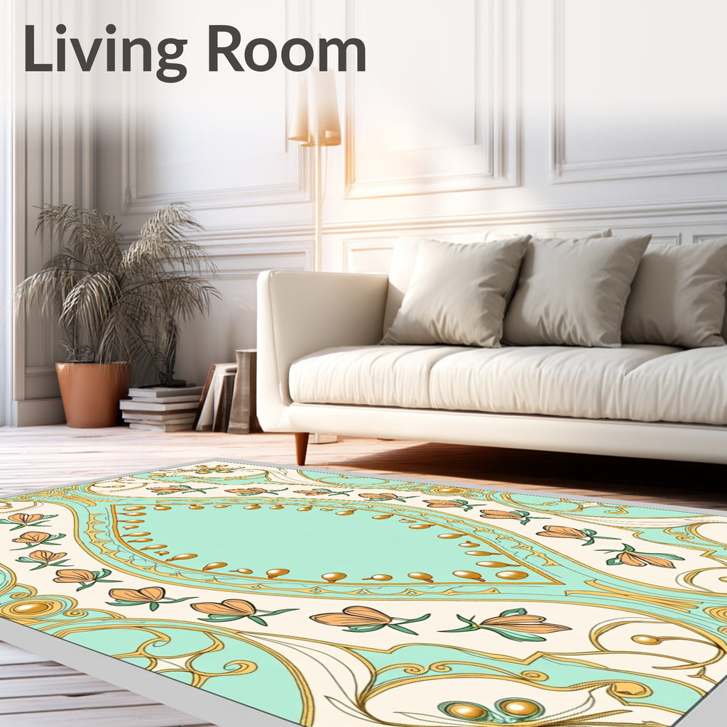 Aqua Peach Gold Floral Medallion Rug