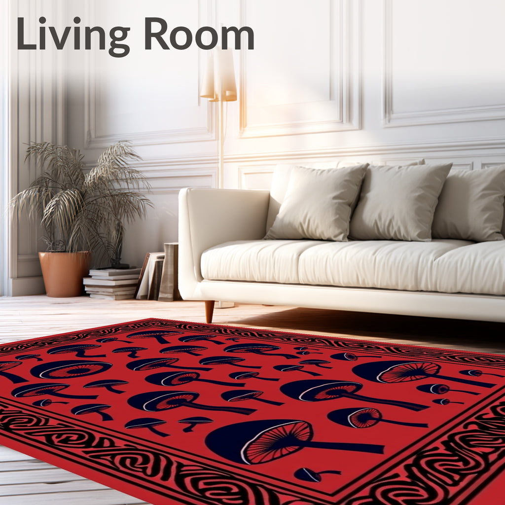 Red Black Mushroom Collage Border Rug