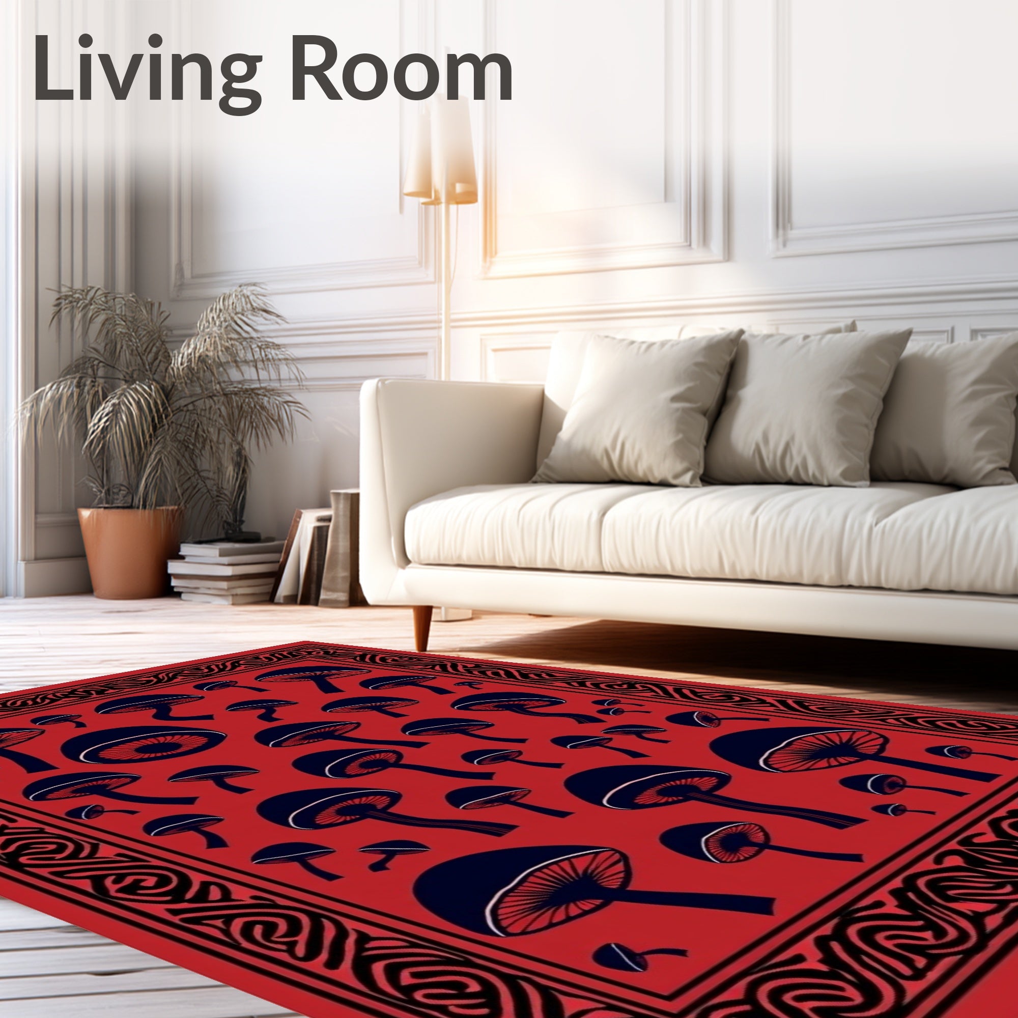 Red Black Mushroom Collage Border Rug