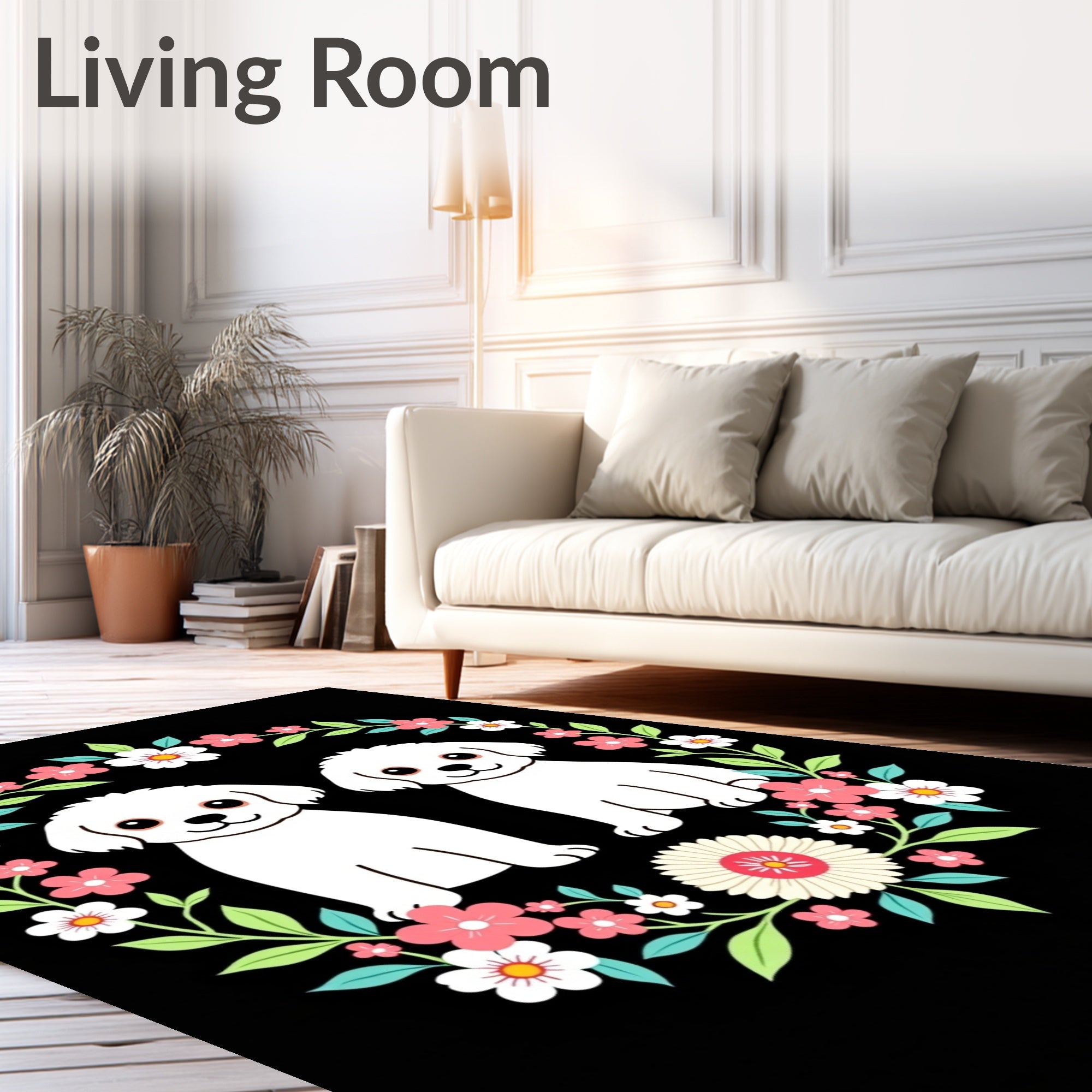 Whimsical White Puppy Floral Wreath Rug