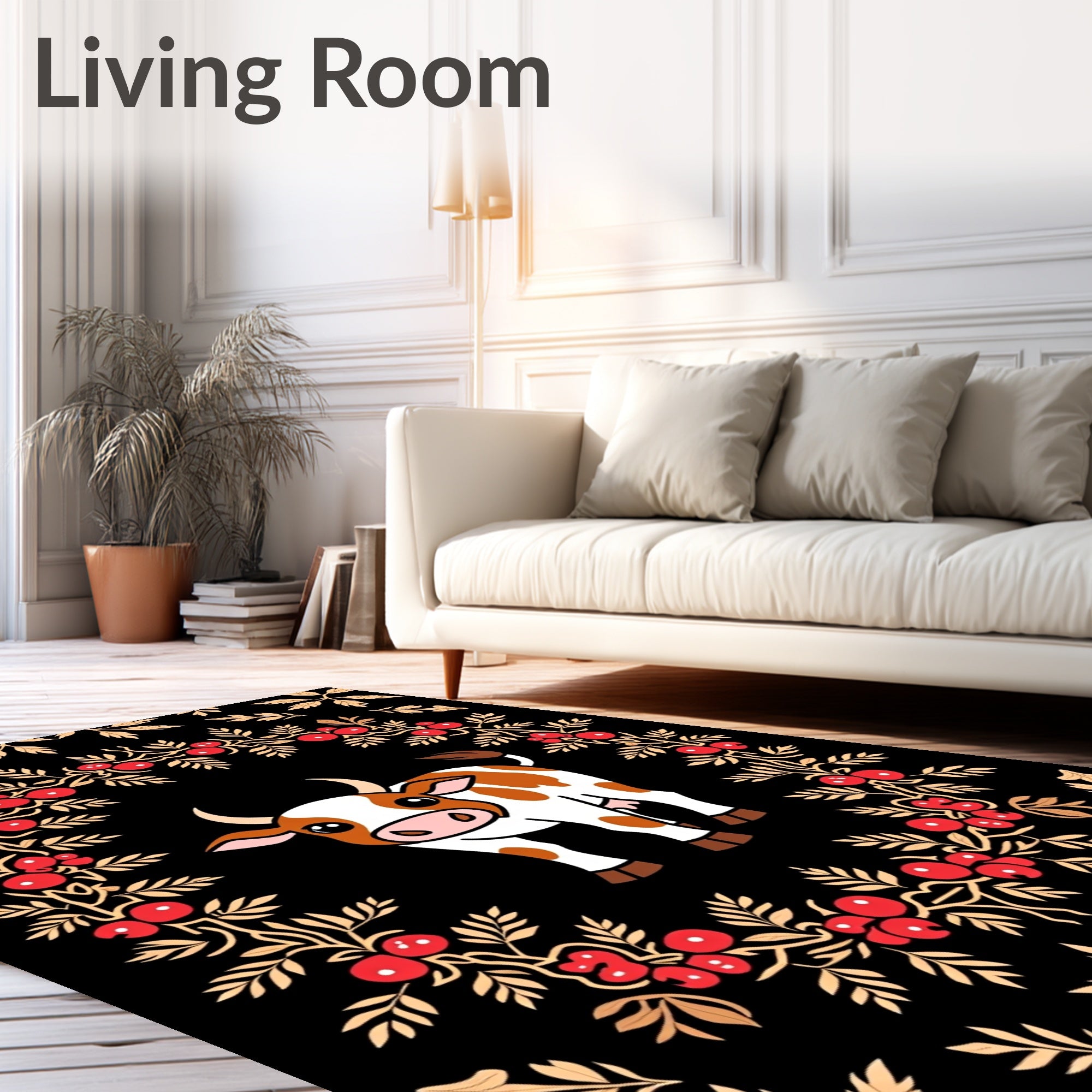 Whimsical Cow and Berry Laurel Frame Rug
