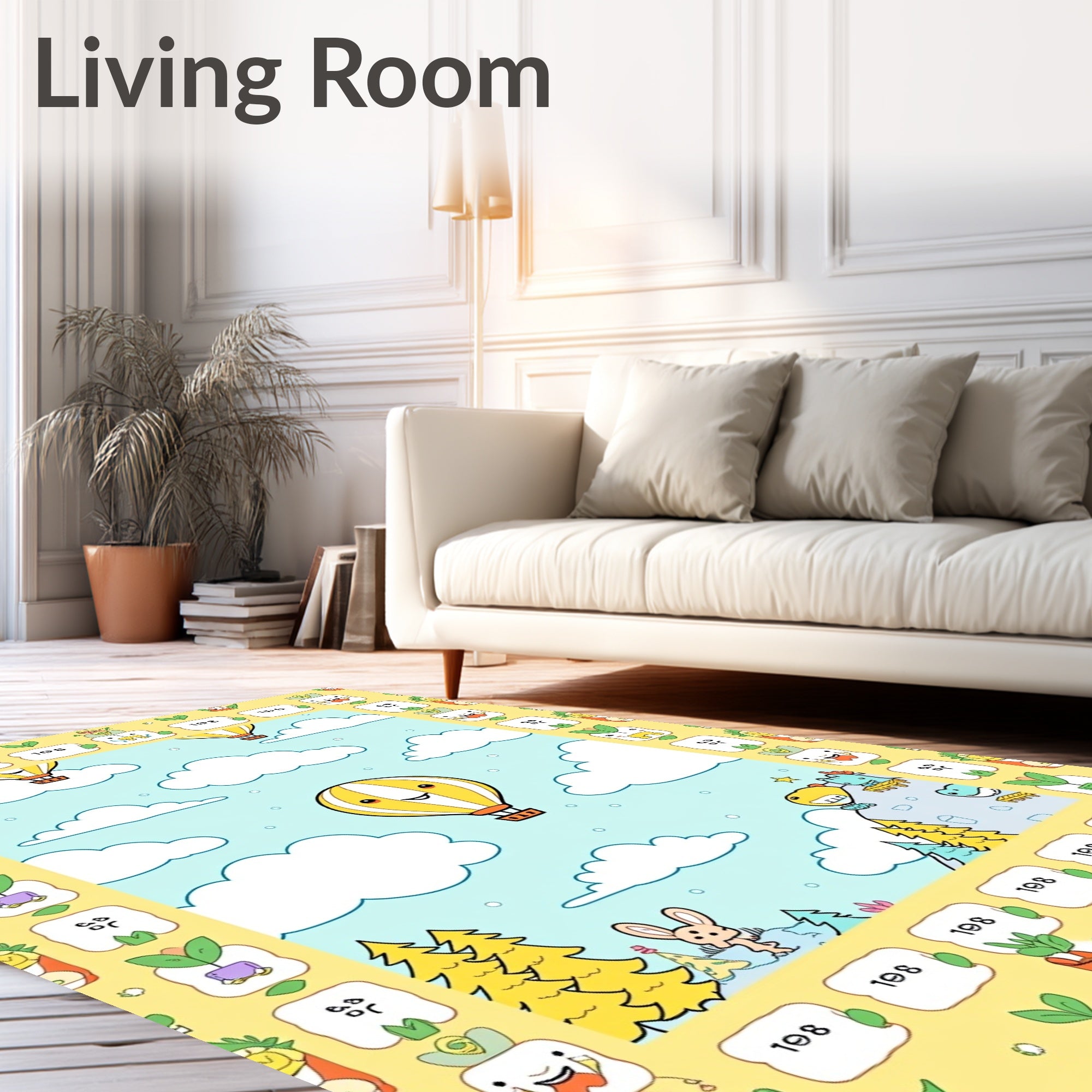 Happy Yellow Hot Air Balloon Sky Rug