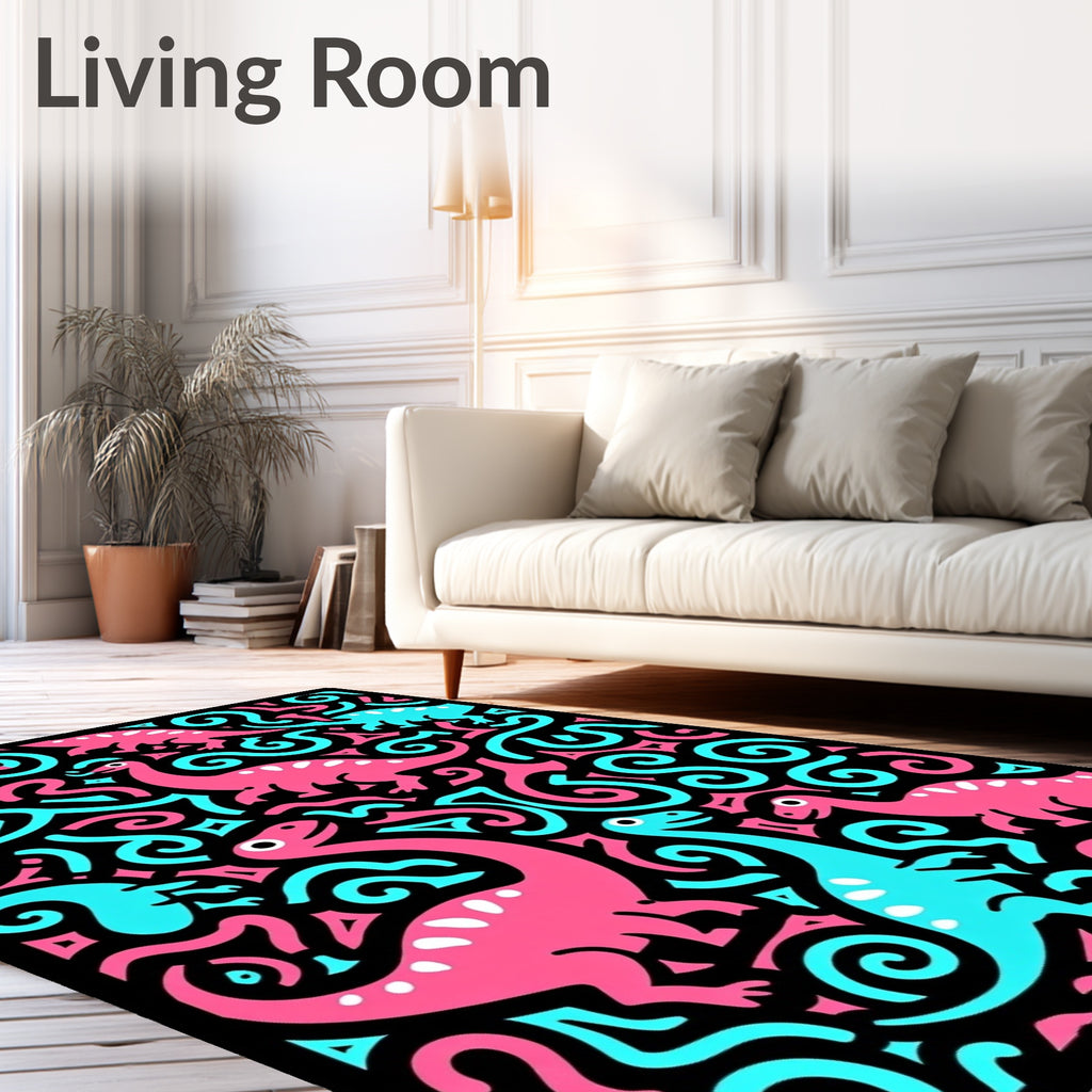 Pink Blue Dinosaurs Swirls Black Background Rug