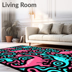 Pink Blue Dinosaurs Swirls Black Background Rug