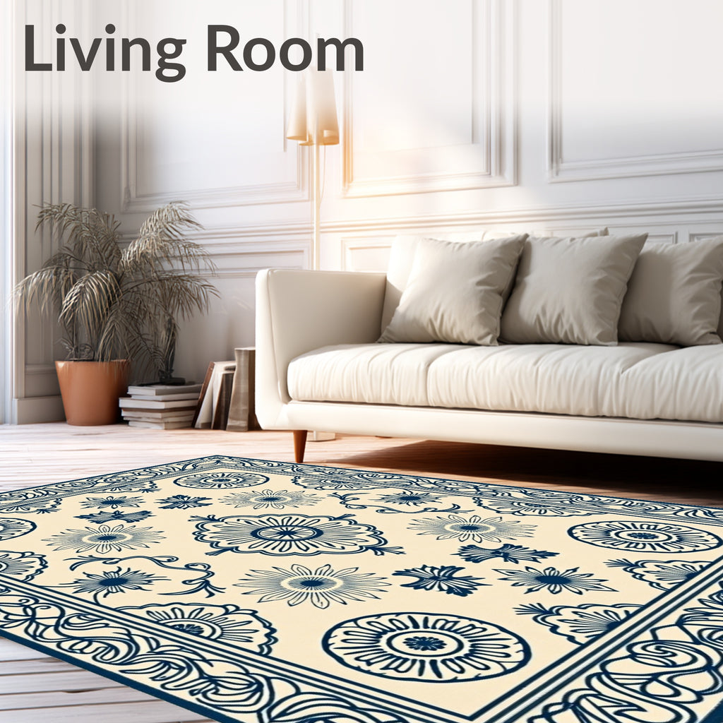 Deep Blue Sunburst Cream Textile Rug