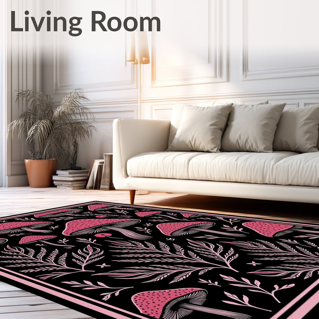 Pink Mushroom Fern Black Background Rug