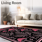 Pink Mushroom Fern Black Background Rug