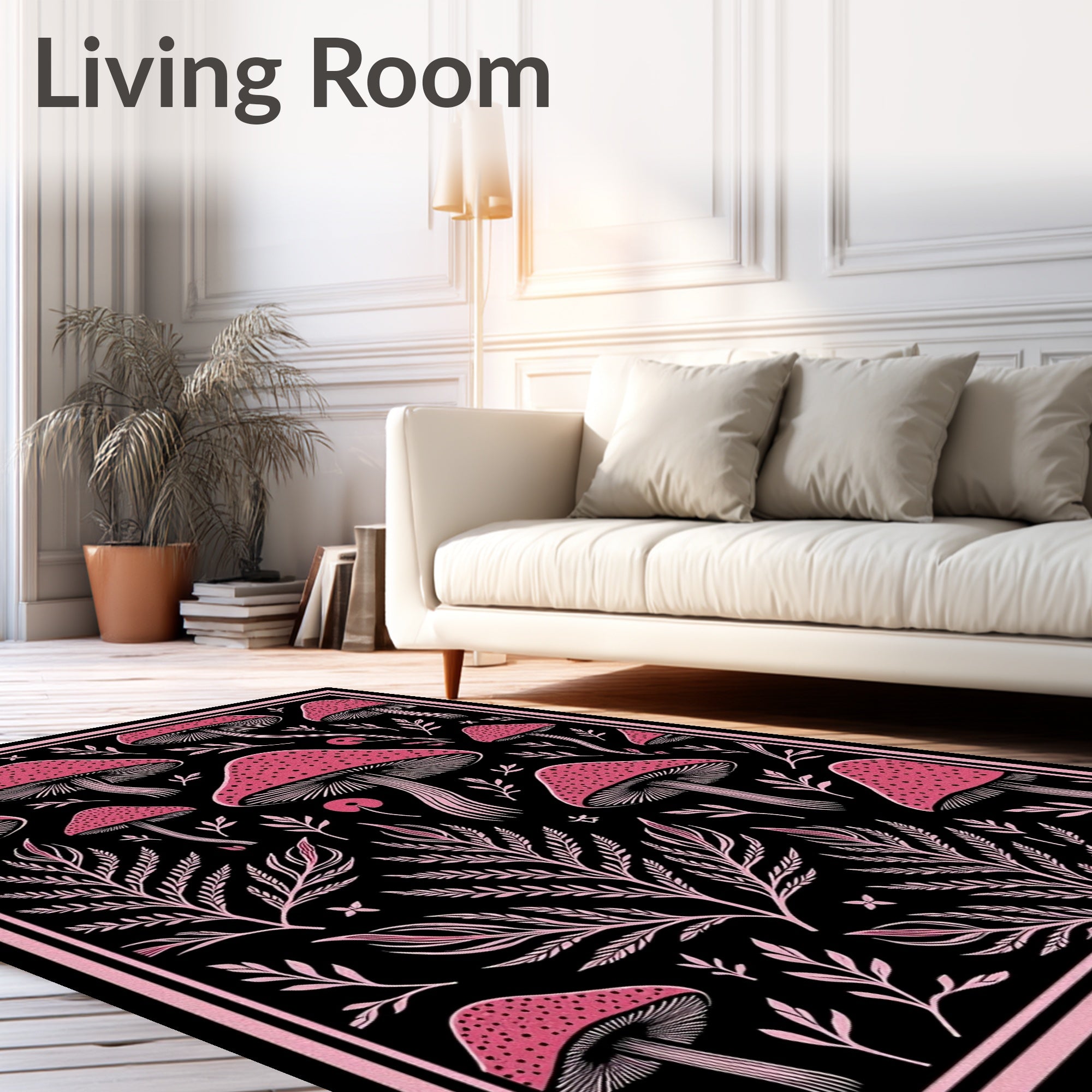 Pink Mushroom Fern Black Background Rug