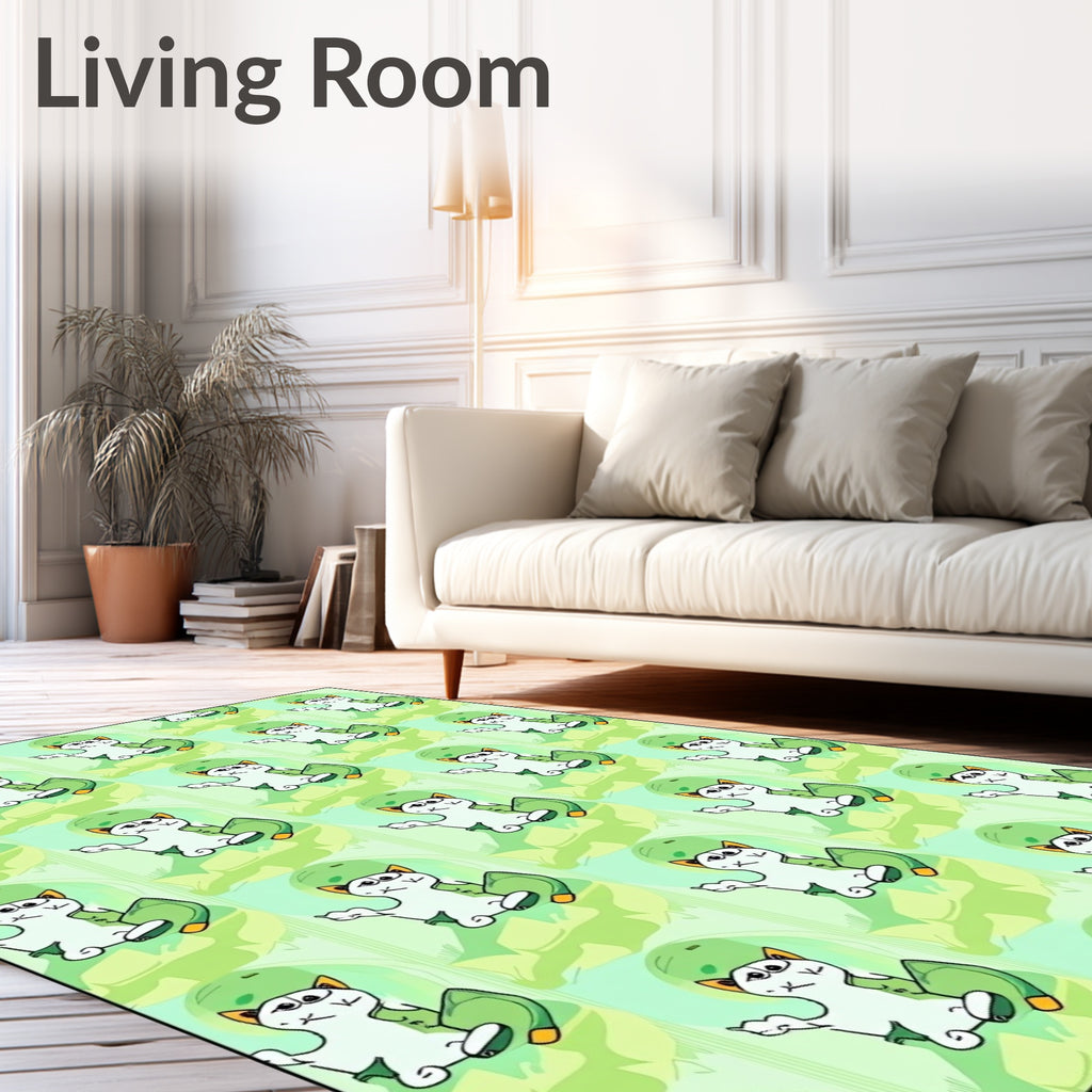 Whimsical Cat Skateboarding Green Tones Rug