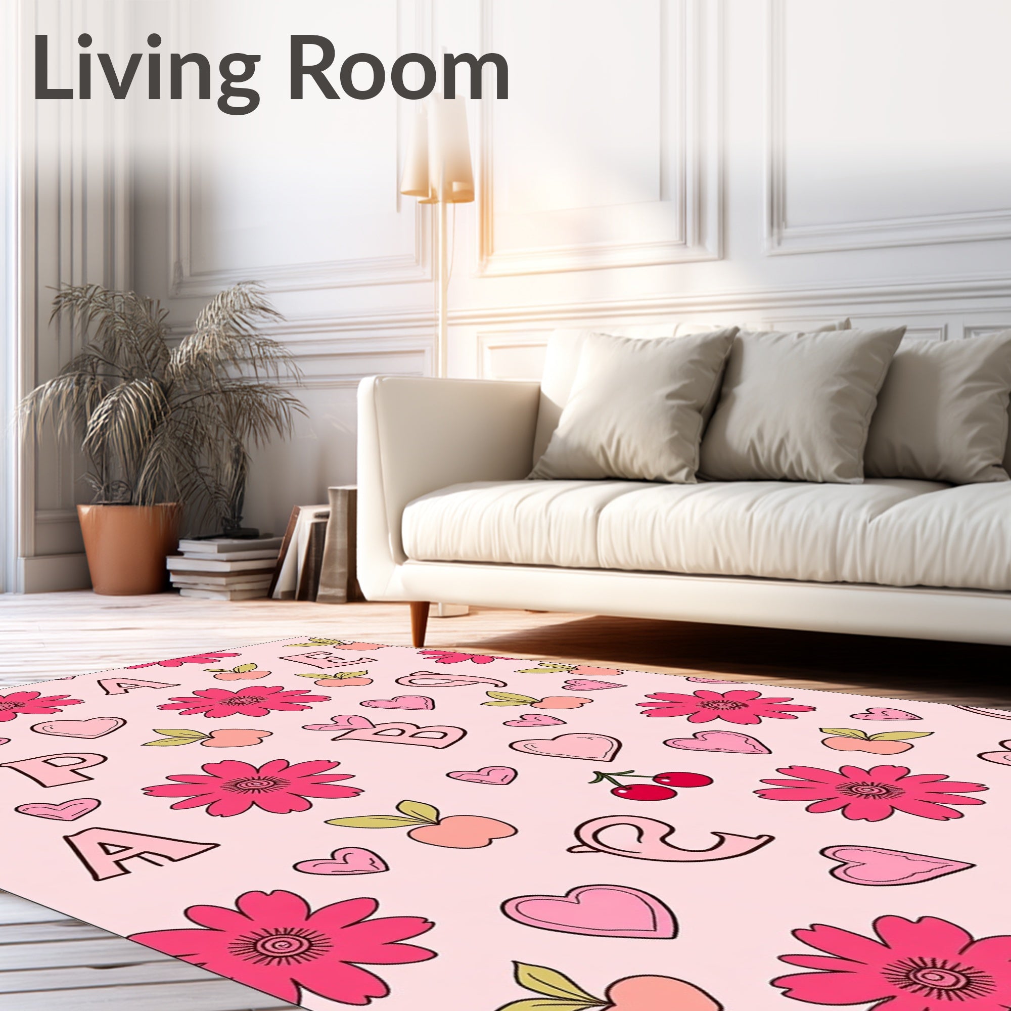 Pink Girly Alphabet Floral Heart Cherries Rug