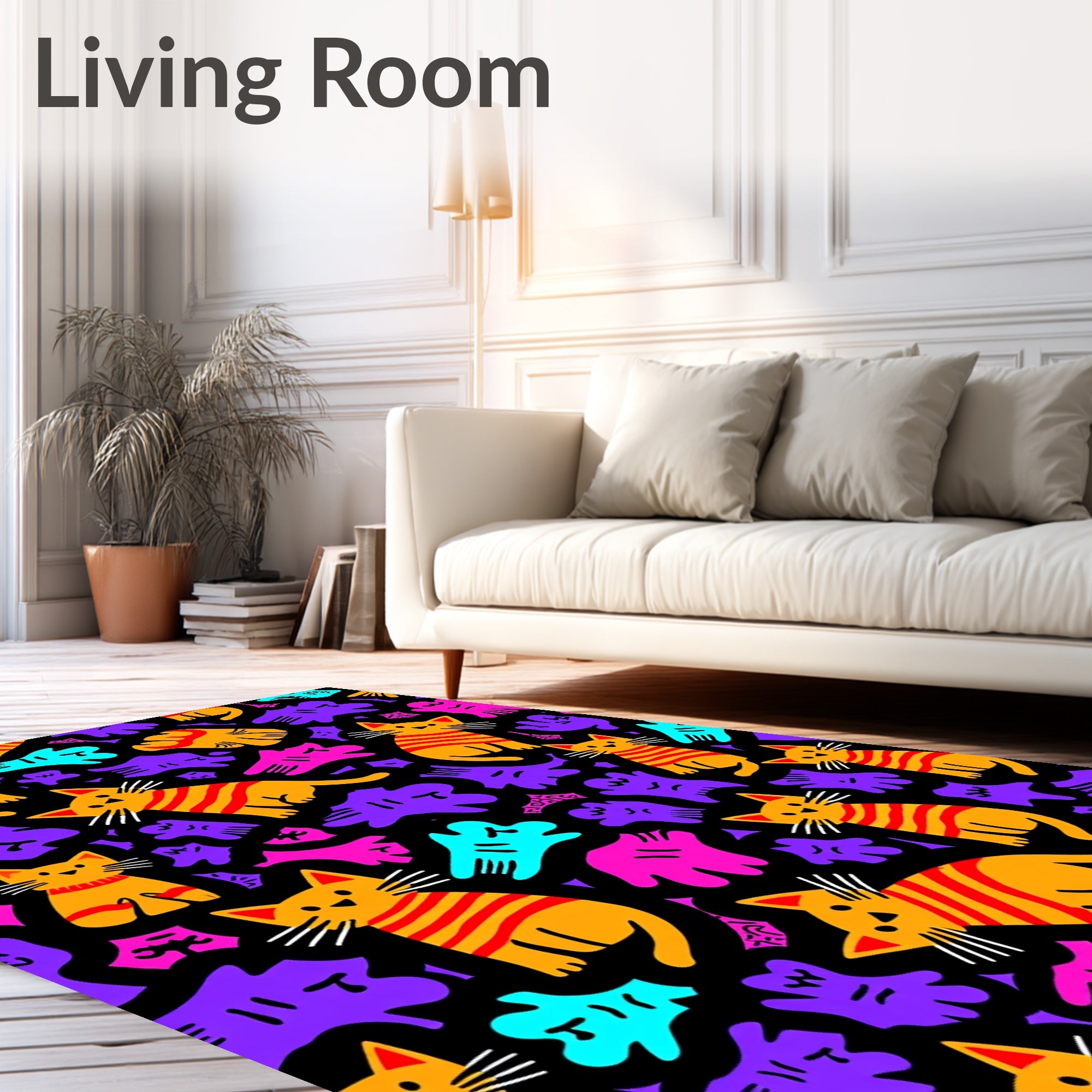 Orange Striped Cats Purple Blob Collage Rug