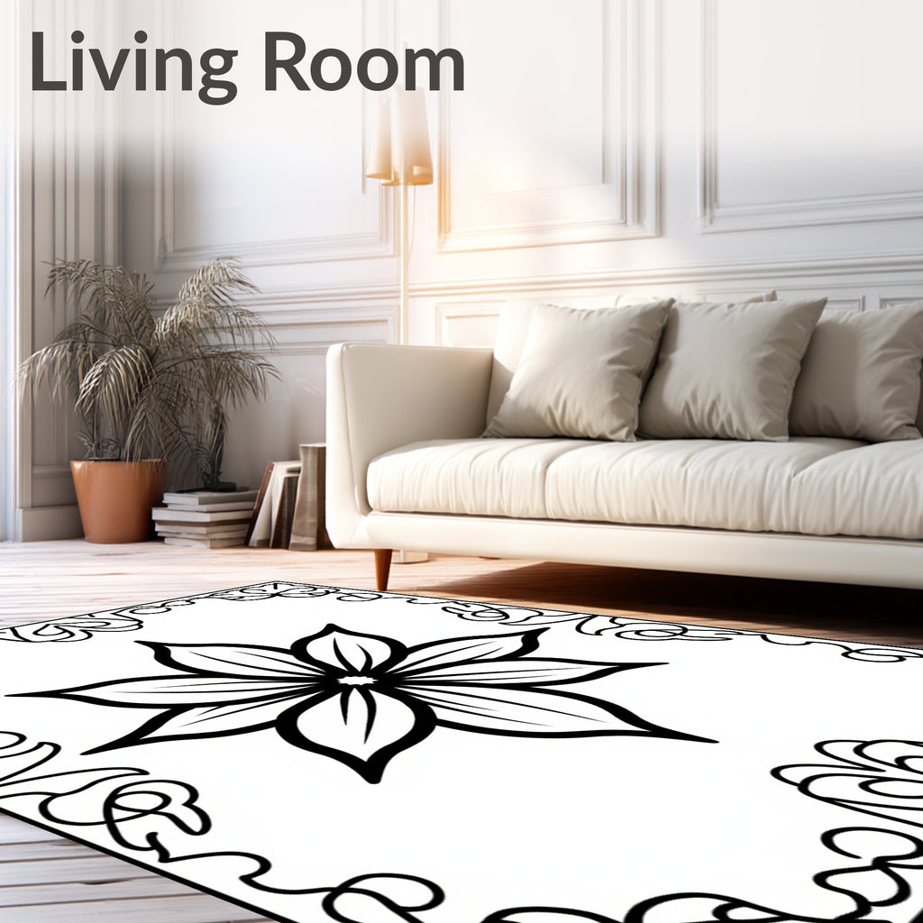 Bold Black Eight Petal Floral Inlay Rug